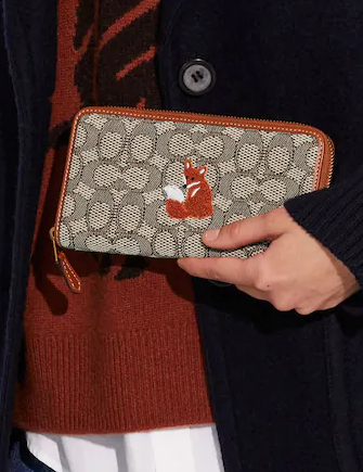 Coach Accordion Zip Wallet In Signature Jacquard With Fox Motif