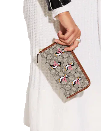 Coach Accordion Zip Wallet In Signature Textile Jacquard With Penguin Motif
