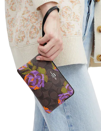 Coach Corner Zip Wristlet In Signature Canvas With Rose Print