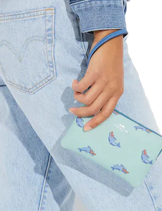 Coach Corner Zip Wristlet With Dolphin Print