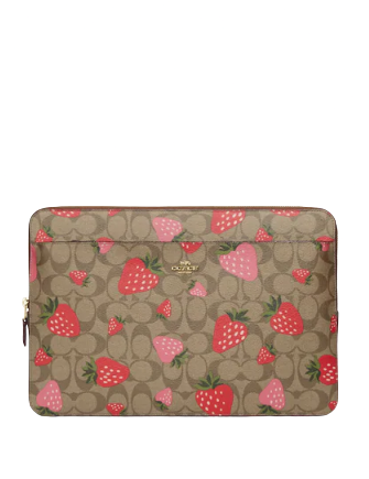 Coach Laptop Sleeve In Signature Canvas With Wild Strawberry Print