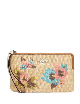 Coach Large Corner Zip Wristlet with Floral Embroidery