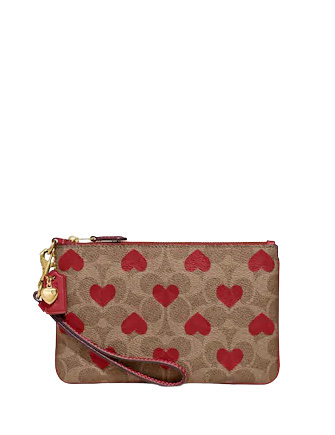Coach Small Wristlet in Heart Print Signature Canvas B4 Tan Red Apple