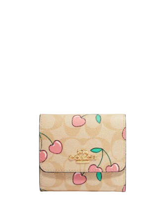 Coach Small Trifold Wallet in Signature Canvas with Heart Cherry Print