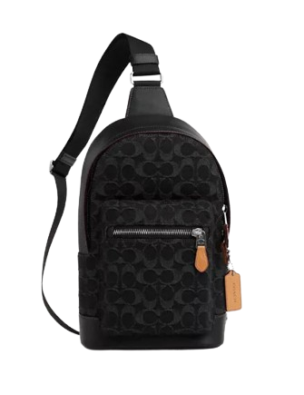 coach black denim backpack West Pack In Signature Signature denim and smooth calf leather Inside zip cell phone and multifunction pockets Inside tech sleeve Drawstring and speedclip closures fabric lining Top handle with 3 1/4 drop Outside zip and flap pockets Adjustable shoulder straps Luggage sleeve 11 1/4 (L) x 17 3/4 (H) x 6 1/2 (W) Style No. Taylor Backpack In Signature Denim