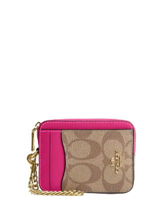 Coach Beige/Pink Signature Coated Canvas and Leather Zip Card Holder Coach