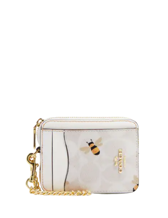 Coach Zip Card Case In Signature Canvas With Bee Print