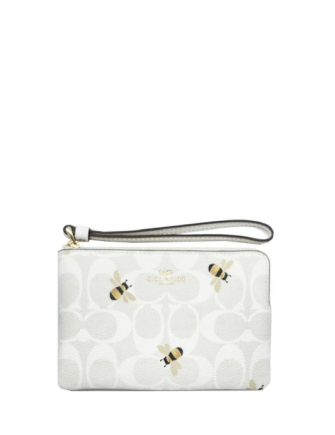Coach Corner Zip Wristlet In Signature Canvas With Bee Print Brixton Baker