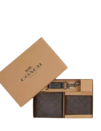 Coach Boxed 3 In 1 Wallet Gift Set In Signature Canvas Walnut Black