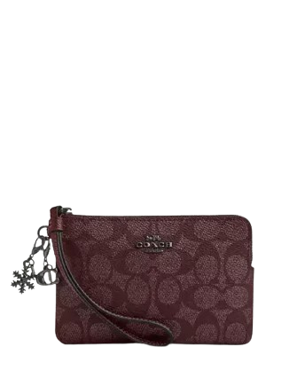 Coach Boxed Corner Zip Wristlet In Signature Canvas With Charms Wine