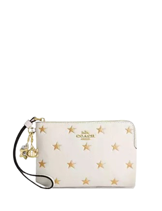 Coach Boxed Corner Zip Wristlet With Star Print And Charms Chalk