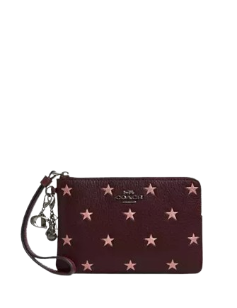 Coach Boxed Corner Zip Wristlet With Star Print And Charms Merlot