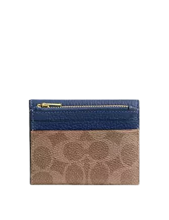 Coach Card Holder Wallet In Signature Canvas Tan Deep Blue