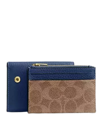 Coach Card Holder Wallet In Signature Canvas Tan Deep Blue