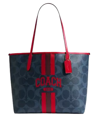 Coach City Tote Bag In Signature Canvas With Coach Graphic Denim Bold Red