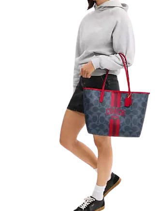 Coach City Tote Bag In Signature Canvas With Coach Graphic Denim Bold Red