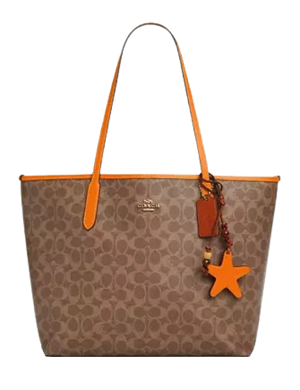 Coach City Tote Bag In Signature Canvas With Star Charm Tan Bright Mandarin