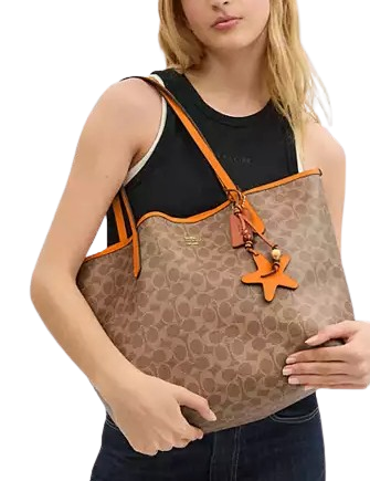 Coach City Tote Bag In Signature Canvas With Star Charm Tan Bright Mandarin
