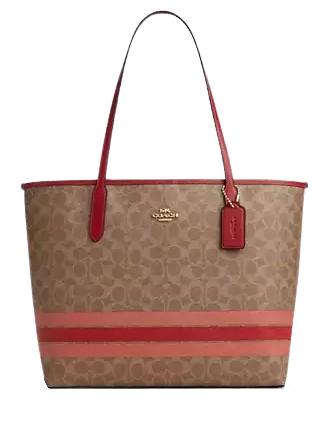 Coach City Tote Bag In Signature Canvas With Stripe Tan
