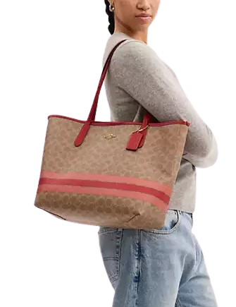 Coach City Tote Bag In Signature Canvas With Stripe Tan
