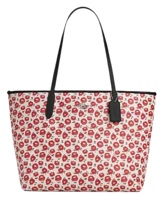 Coach City Tote Bag With Floral Print Chalk Black