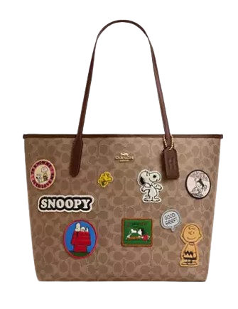 Coach Coach X Peanuts City Tote In Signature Canvas With Patches  Tan Brown