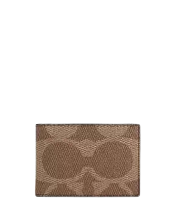 Coach Compact Billfold Wallet In Blocked Signature Canvas Sand Tan