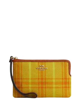 Coach Corner Zip Wristlet In Regenerative Cotton With Plaid Print