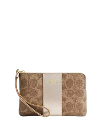 Coach Corner Zip Wristlet In Signature Canvas Tan Light Champagne