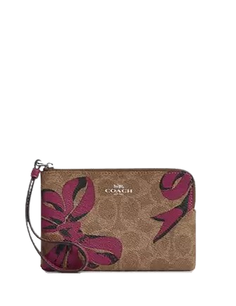 Coach Corner Zip Wristlet In Signature Canvas With Bow Print Tan Pink