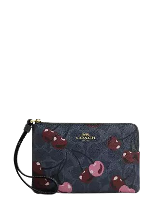 Coach Corner Zip Wristlet In Signature Canvas With Cherry Print  Denim