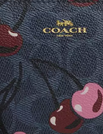 Coach Corner Zip Wristlet In Signature Canvas With Cherry Print  Denim