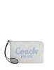 Coach Corner Zip Wristlet In Signature Canvas With Coach Script Chalk Bluebell