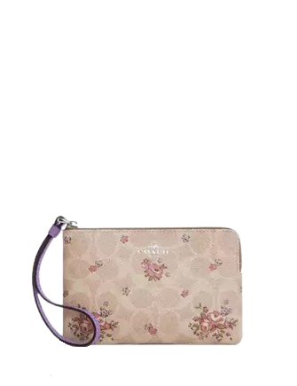 Coach Corner Zip Wristlet In Signature Canvas With Floral Print Sand