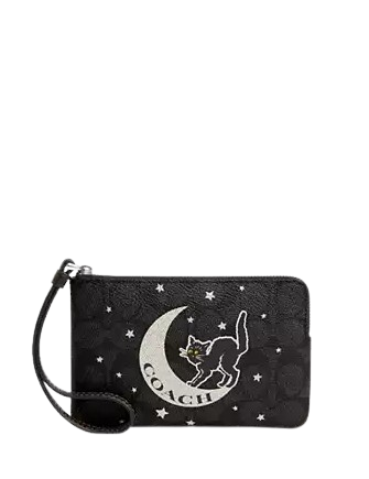 Coach Corner Zip Wristlet In Signature Canvas With Halloween Graphic Charcoal Black