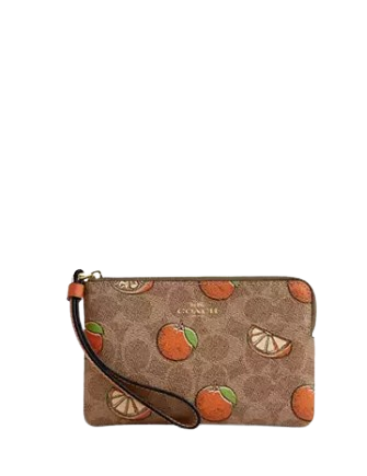 Coach Corner Zip Wristlet In Signature Canvas With Orange Print Tan