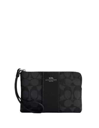 Coach Corner Zip Wristlet In Signature Canvas With Stripe Charcoal Black