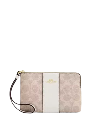 Coach Corner Zip Wristlet In Signature Canvas With Stripe Sand Chalk
