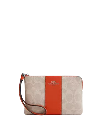 Coach Corner Zip Wristlet In Signature Canvas With Stripe Sand Deep Orange