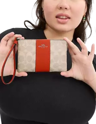 Coach Corner Zip Wristlet In Signature Canvas With Stripe Sand Deep Orange