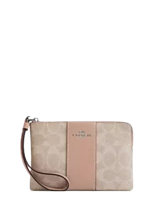 Coach Corner Zip Wristlet In Signature Canvas With Stripe Sand Taupe