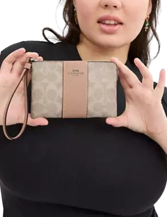 Coach Corner Zip Wristlet In Signature Canvas With Stripe Sand Taupe
