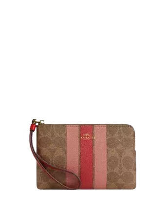 Coach Corner Zip Wristlet In Signature Canvas With Stripe Tan