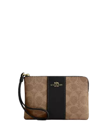 Coach Corner Zip Wristlet In Signature Canvas With Stripe Tan Black