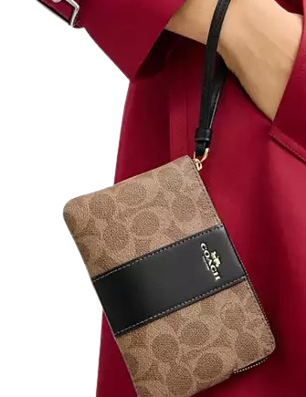 Coach Corner Zip Wristlet In Signature Canvas With Stripe Tan Black