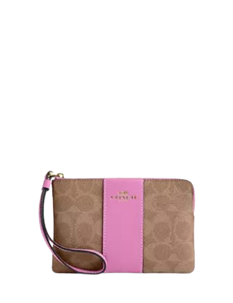 Coach Corner Zip Wristlet In Signature Canvas With Stripe Tan Fuchsia