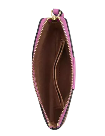 Coach Corner Zip Wristlet In Signature Canvas With Stripe Tan Fuchsia