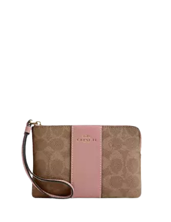 Coach Corner Zip Wristlet In Signature Canvas With Stripe Tan Pink Petal