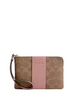Coach Corner Zip Wristlet In Signature Canvas With Stripe Tan Pink Petal