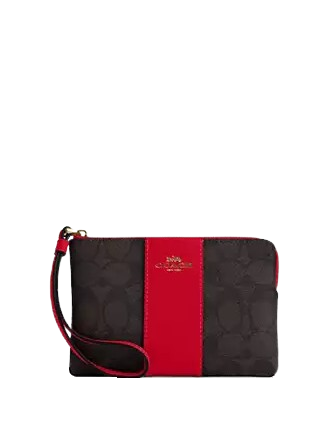 Coach Corner Zip Wristlet In Signature Canvas With Stripe Walnut Bold Red